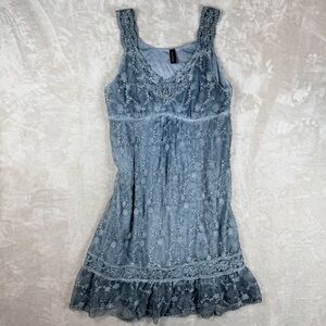 Sacred Threads Blue Lace Mini Dress Fairycore Cottagecore Slip Dress S